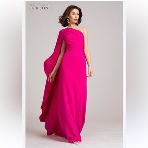 Teri Jon Rickie Freeman Crepe Cape One Shoulder Sleeve Gown Maxi Dress hot pink